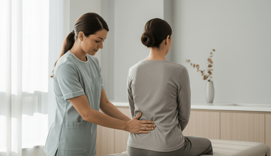 Fisioterapeuta valorando dolor lumbar en clínica de Alcalá la Real